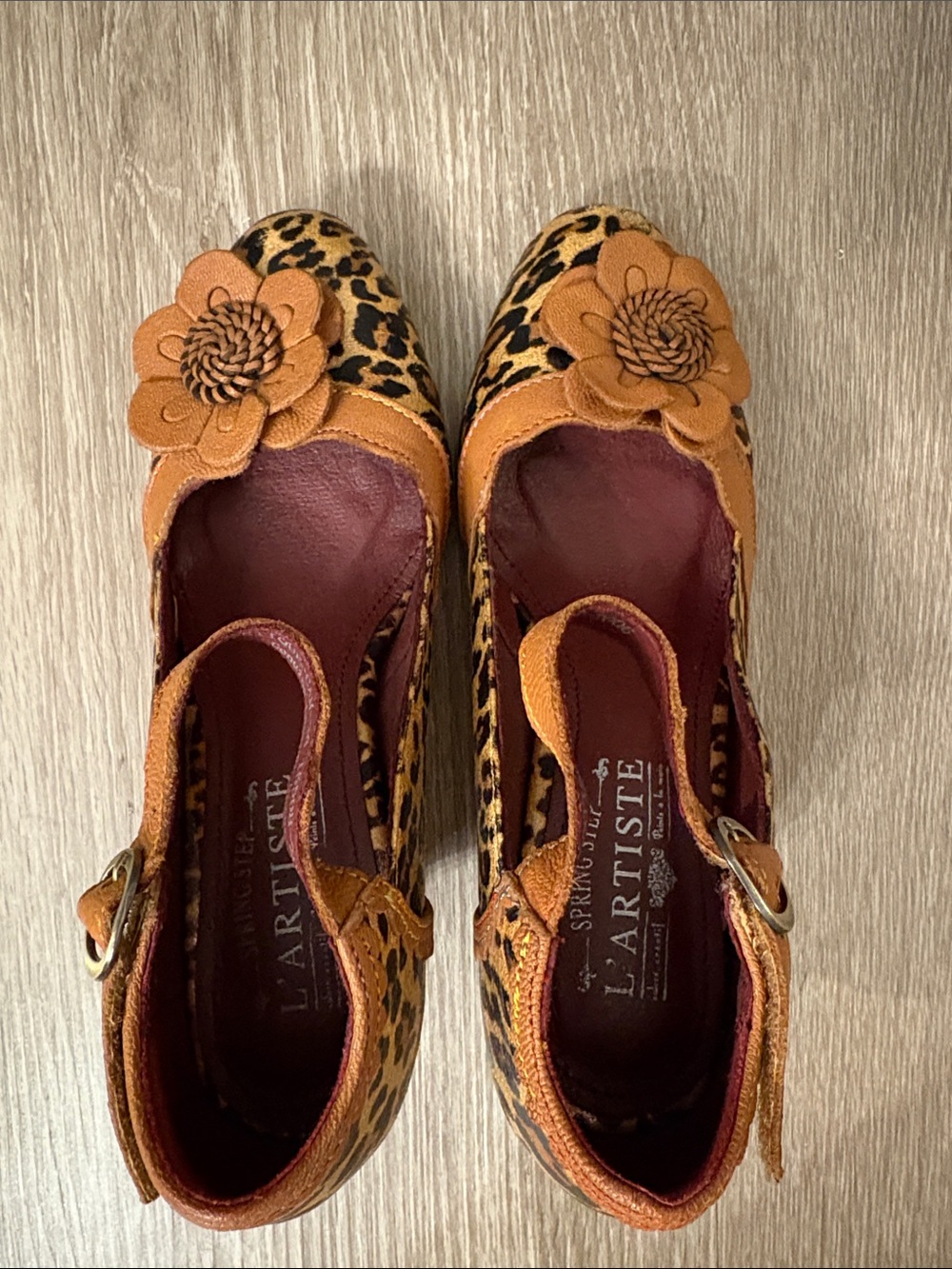 L'Artiste Leopard Print Mary Jane Heels with Tan Floral Accent